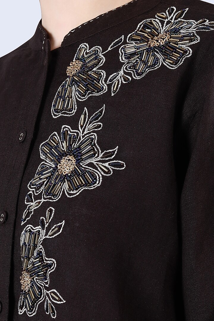 Chocolate Pure Linen Hand Embroidered Tunic Set by Linen Bloom at Pernia's Pop Up Shop
