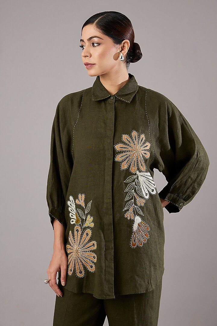 Olive Linen Embroidered Shirt by Linen Bloom at Pernia's Pop Up Shop