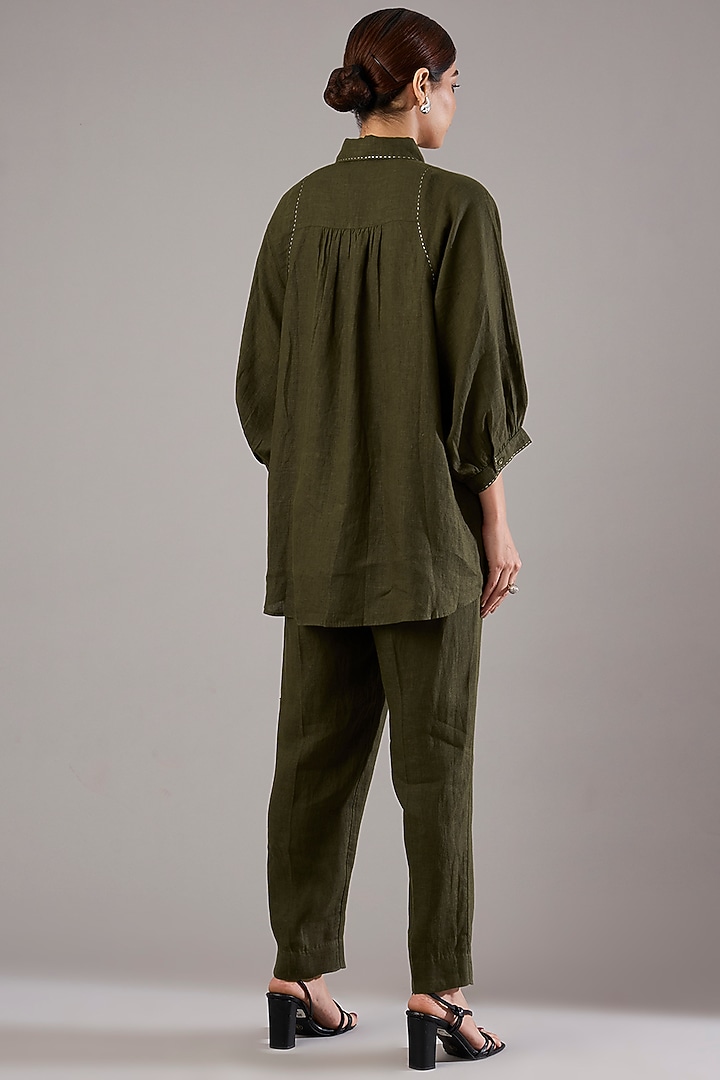 Olive Linen Embroidered Shirt by Linen Bloom at Pernia's Pop Up Shop