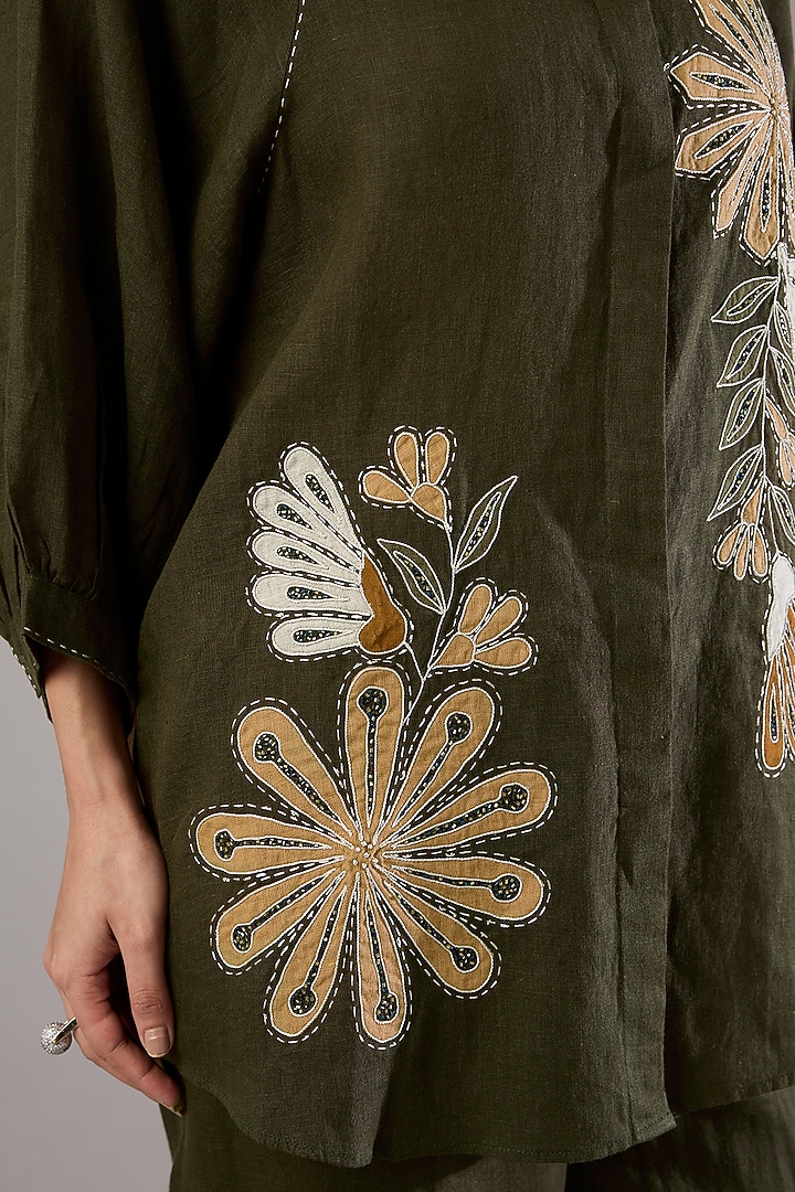 Olive Linen Embroidered Shirt by Linen Bloom at Pernia's Pop Up Shop