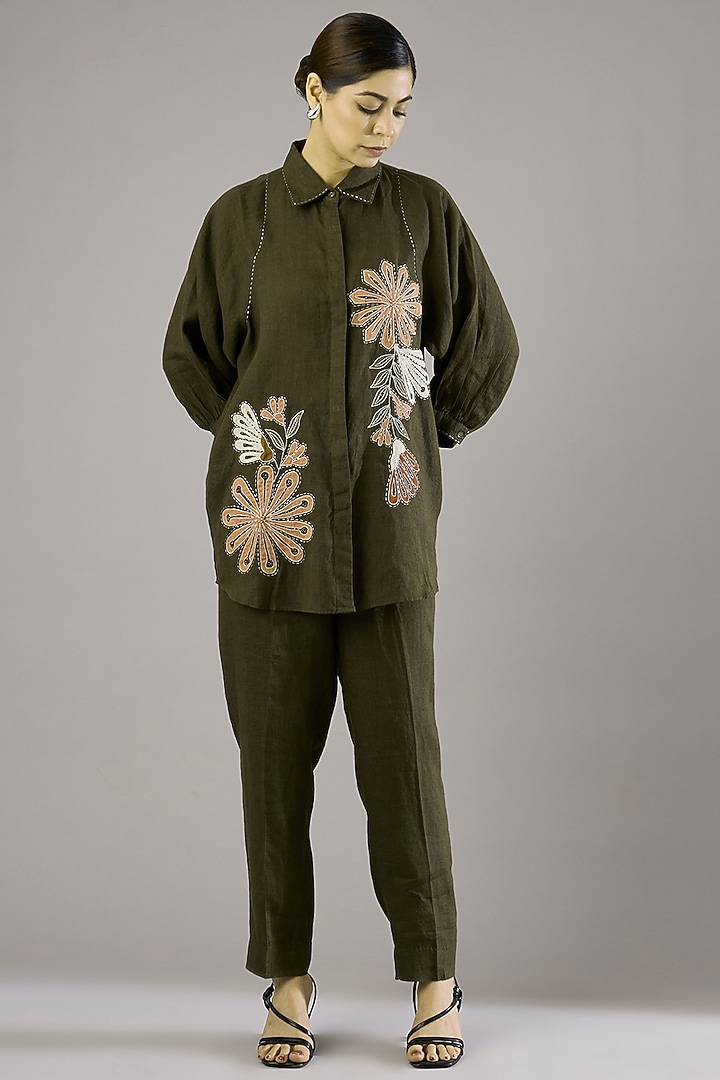 Olive Linen Embroidered Shirt by Linen Bloom at Pernia's Pop Up Shop