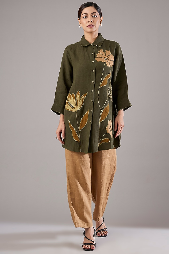 Olive Linen Embroidered Shirt by Linen Bloom at Pernia's Pop Up Shop