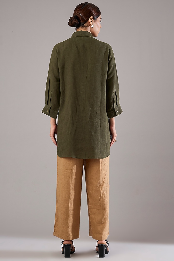Olive Linen Embroidered Shirt by Linen Bloom at Pernia's Pop Up Shop