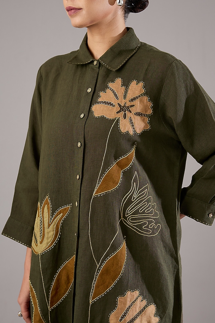 Olive Linen Embroidered Shirt by Linen Bloom at Pernia's Pop Up Shop