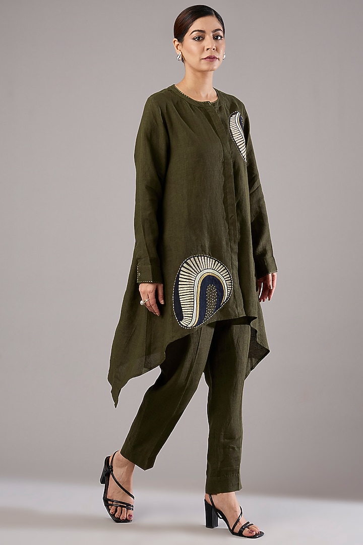 Olive Linen Embroidered Tunic Set by Linen Bloom at Pernia's Pop Up Shop