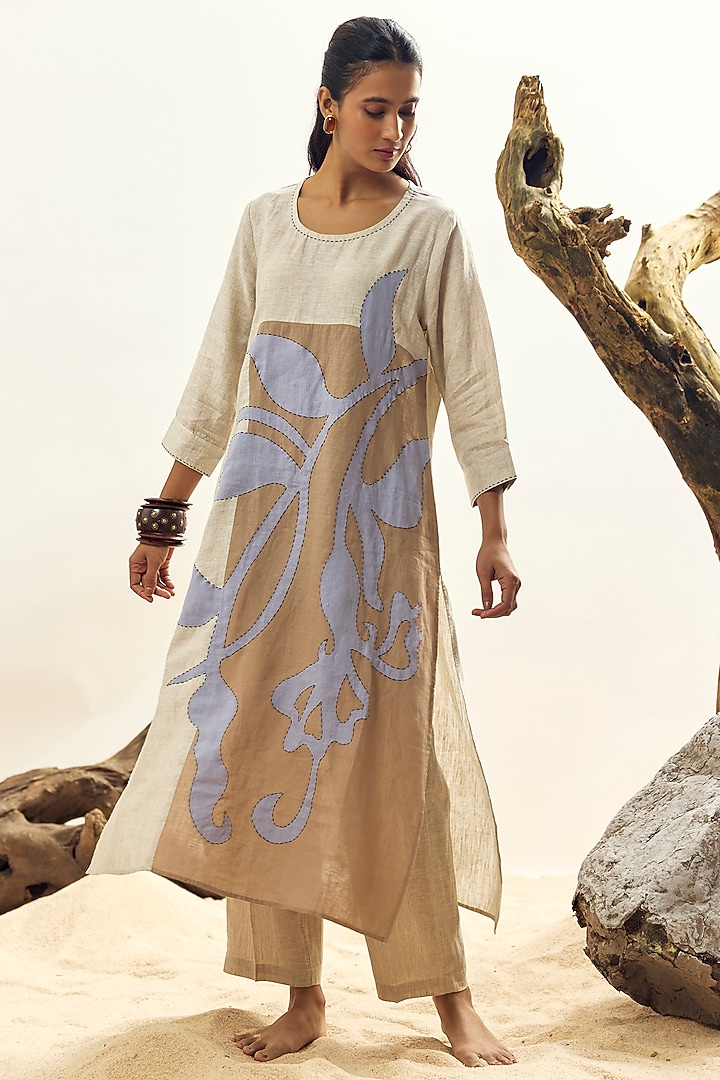 Beige Linen Patch Embroidered Tunic by Linen Bloom at Pernia's Pop Up Shop