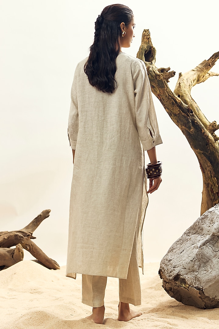 Beige Linen Patch Embroidered Tunic by Linen Bloom at Pernia's Pop Up Shop