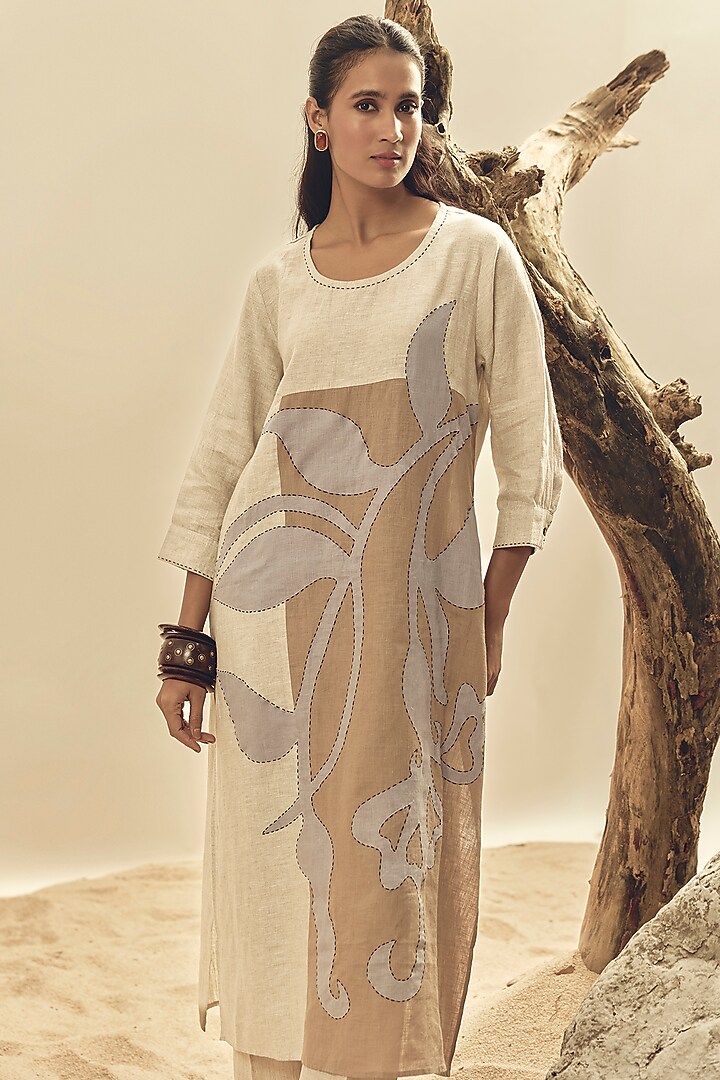 Beige Linen Patch Embroidered Tunic by Linen Bloom at Pernia's Pop Up Shop