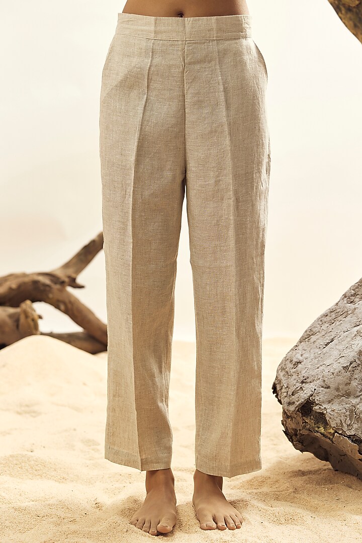 Beige Linen Patch Embroidered Tunic by Linen Bloom at Pernia's Pop Up Shop