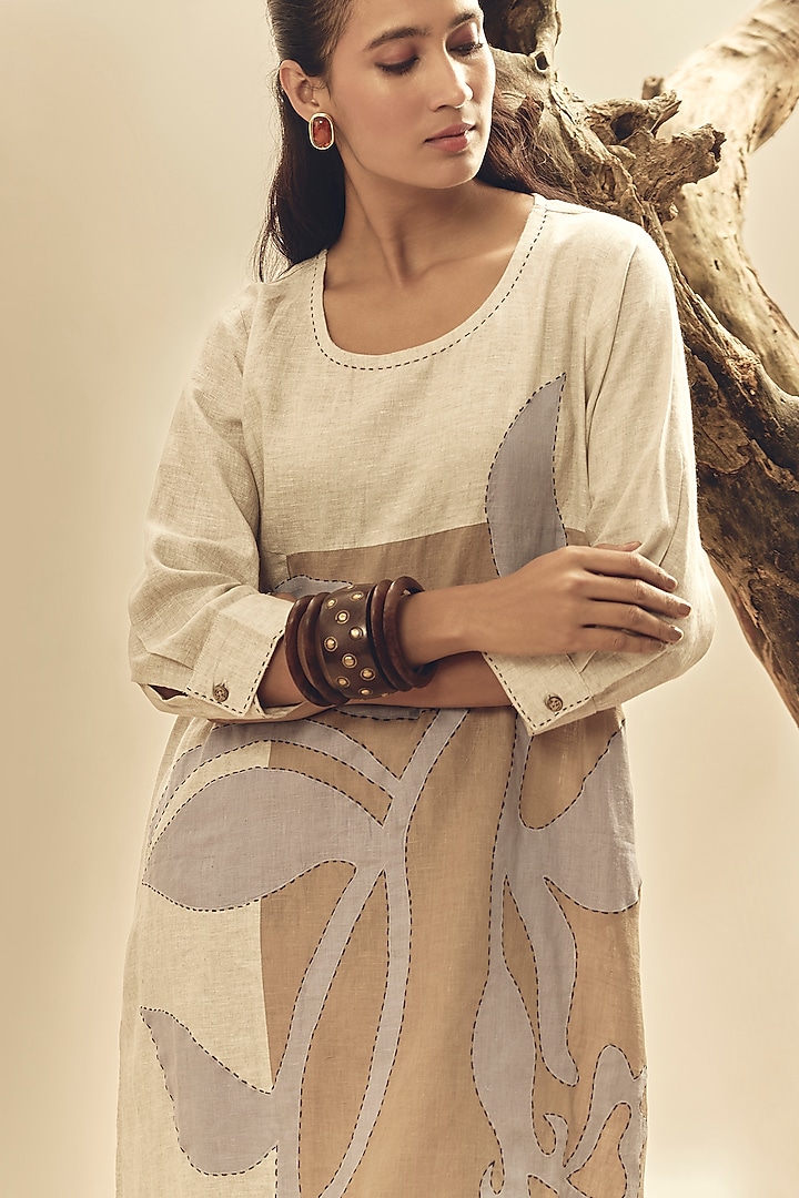 Beige Linen Patch Embroidered Tunic by Linen Bloom at Pernia's Pop Up Shop