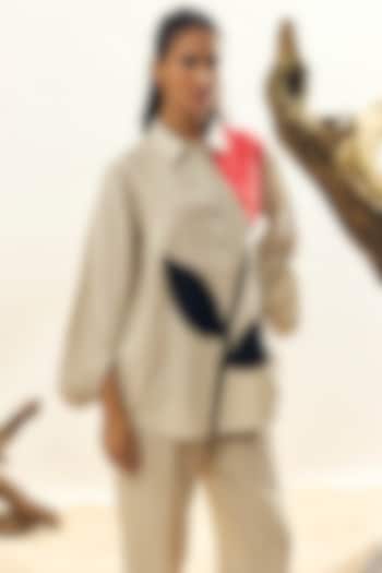 Beige Linen Tulip Embroidered Shirt by Linen Bloom at Pernia's Pop Up Shop