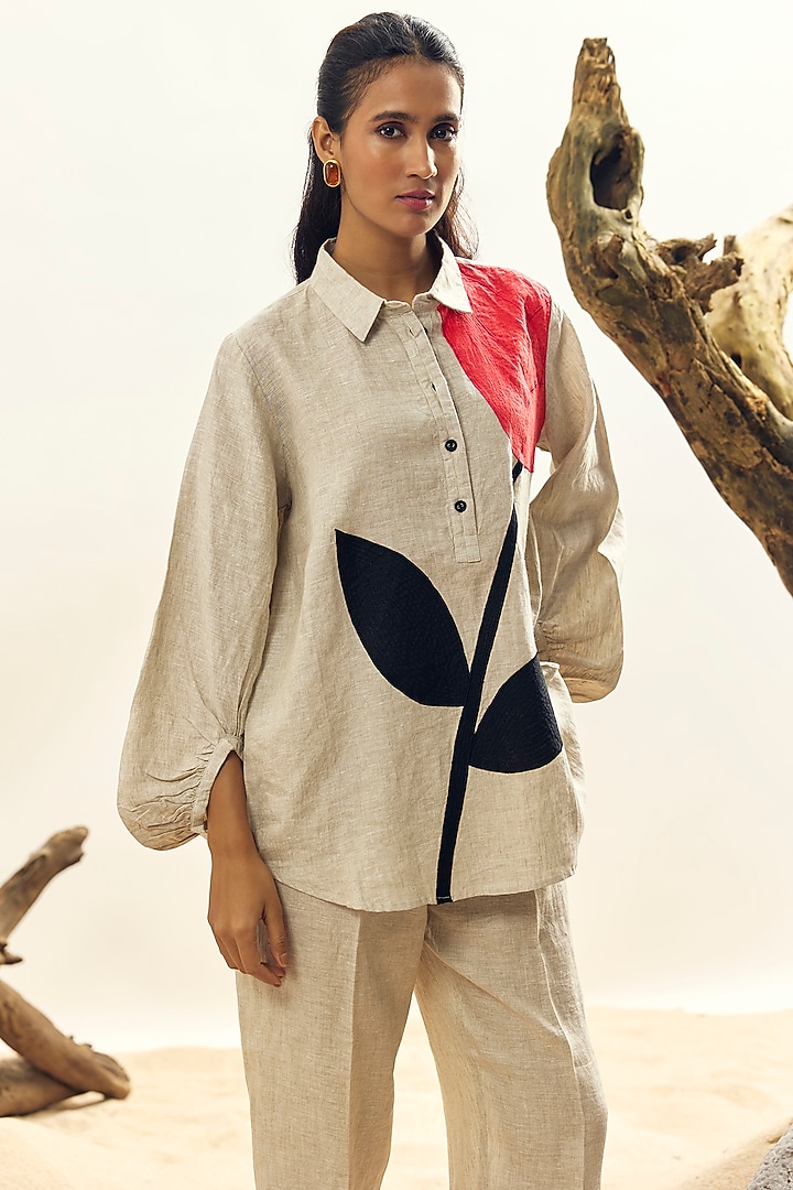 Beige Linen Tulip Embroidered Shirt by Linen Bloom at Pernia's Pop Up Shop