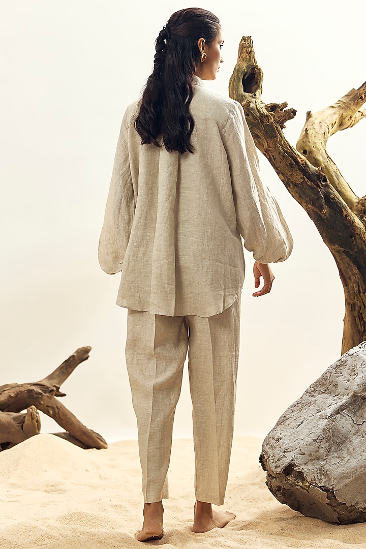 Beige Linen Tulip Embroidered Shirt by Linen Bloom at Pernia's Pop Up Shop