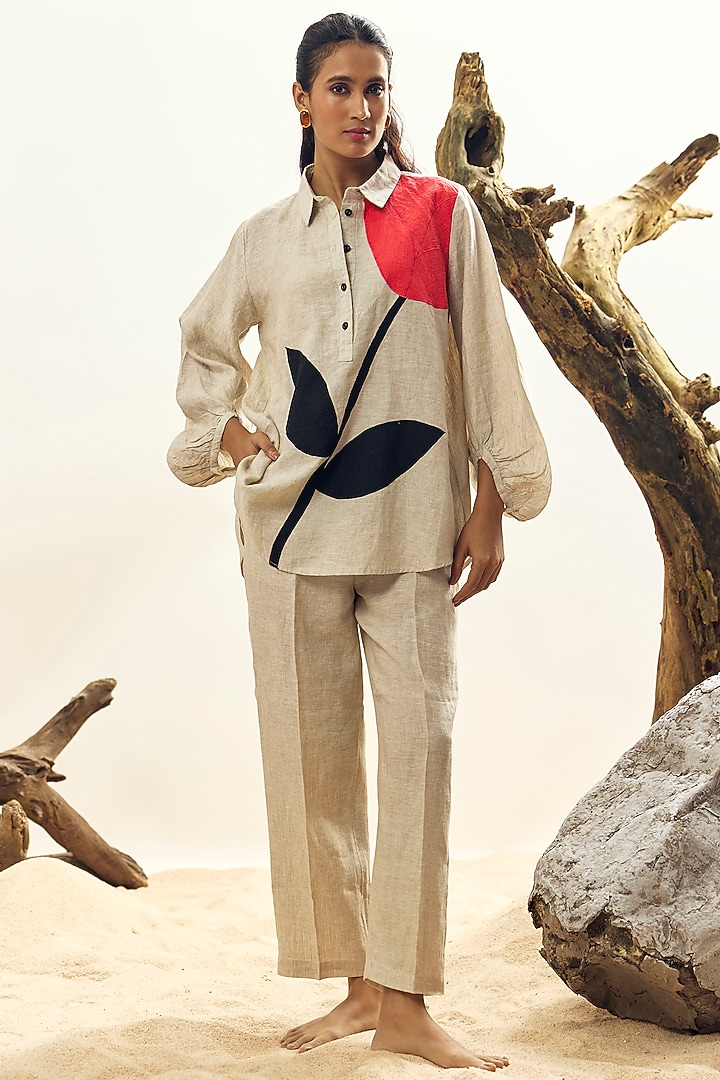 Beige Linen Tulip Embroidered Shirt by Linen Bloom at Pernia's Pop Up Shop