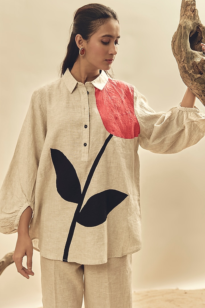 Beige Linen Tulip Embroidered Shirt by Linen Bloom at Pernia's Pop Up Shop