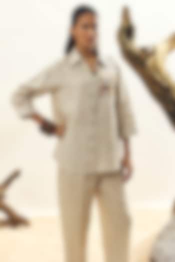 Beige Linen Dog & Cat Embroidered Shirt by Linen Bloom at Pernia's Pop Up Shop