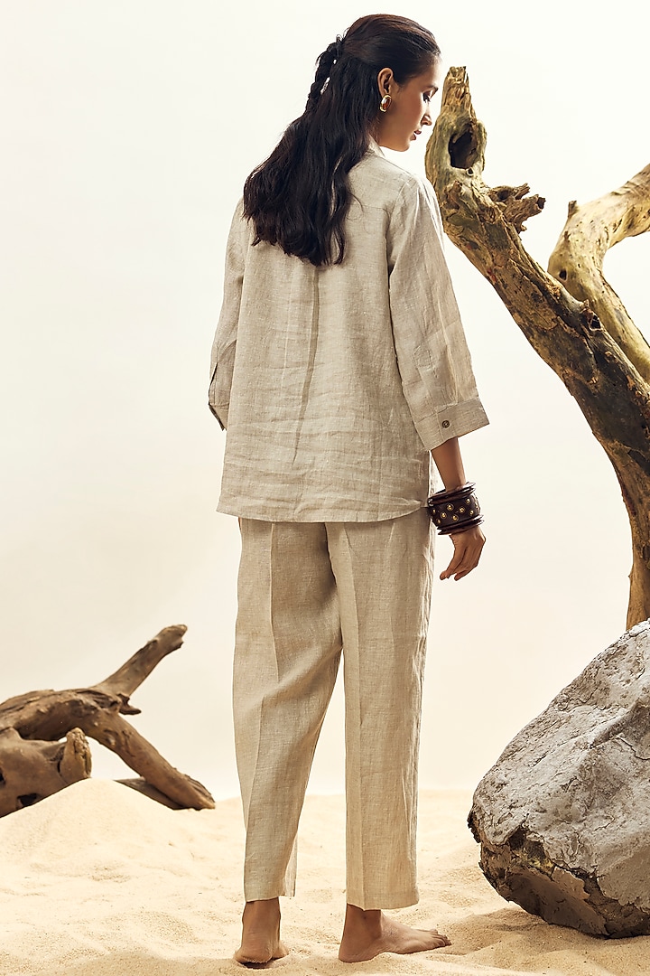 Beige Linen Dog & Cat Embroidered Shirt by Linen Bloom at Pernia's Pop Up Shop