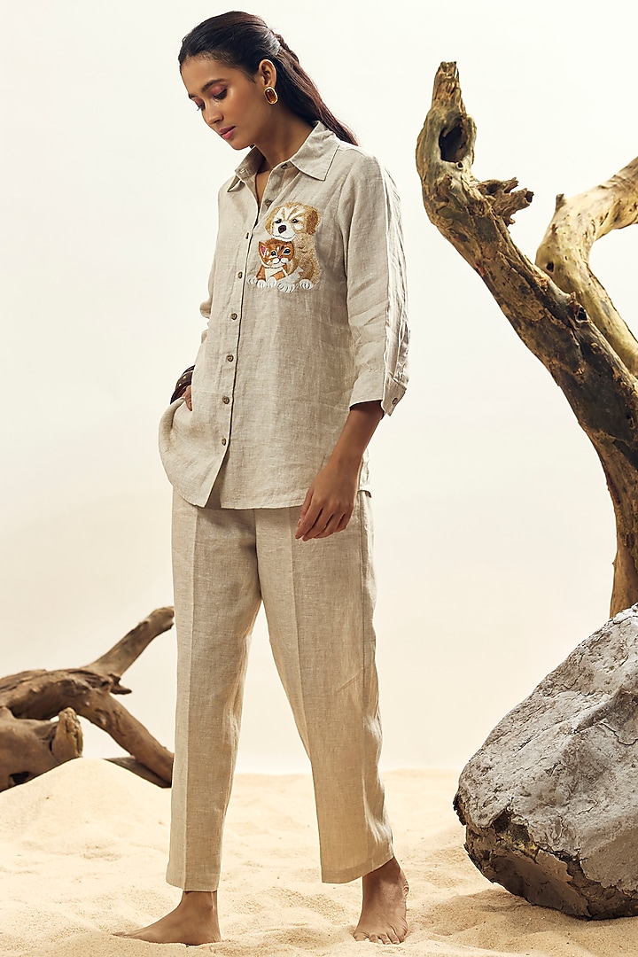 Beige Linen Dog & Cat Embroidered Shirt by Linen Bloom at Pernia's Pop Up Shop