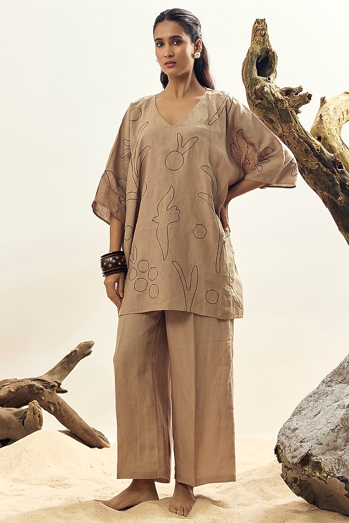Khaki Linen Dori Embroidered Kaftan by Linen Bloom at Pernia's Pop Up Shop