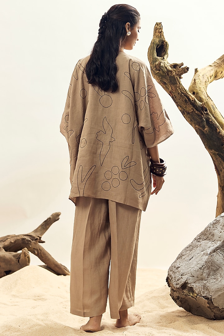 Khaki Linen Dori Embroidered Kaftan by Linen Bloom at Pernia's Pop Up Shop