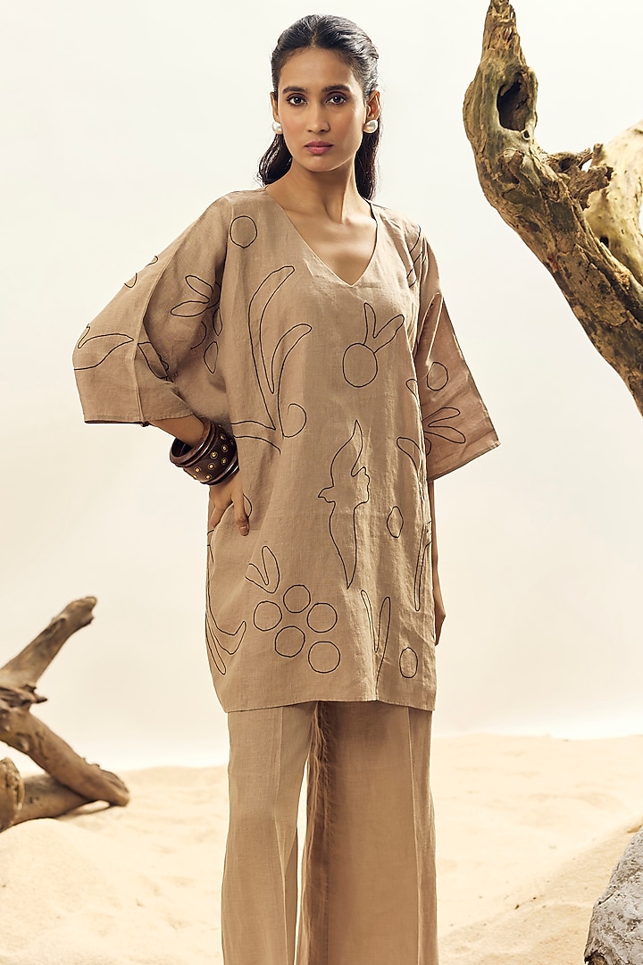 Khaki Linen Dori Embroidered Kaftan by Linen Bloom at Pernia's Pop Up Shop