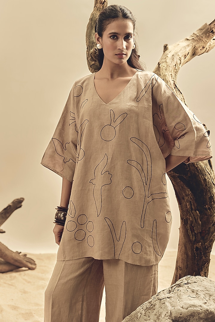 Khaki Linen Dori Embroidered Kaftan by Linen Bloom at Pernia's Pop Up Shop