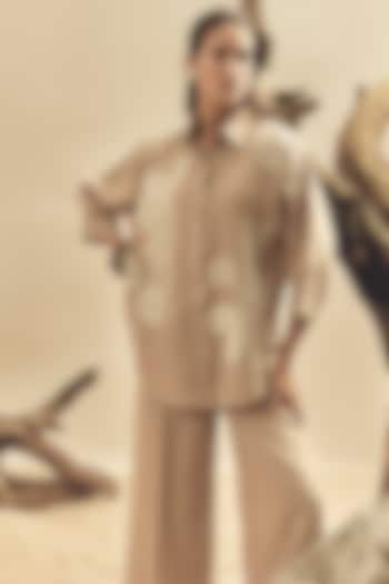 Khaki Linen Floral Embroidered Shirt by Linen Bloom at Pernia's Pop Up Shop