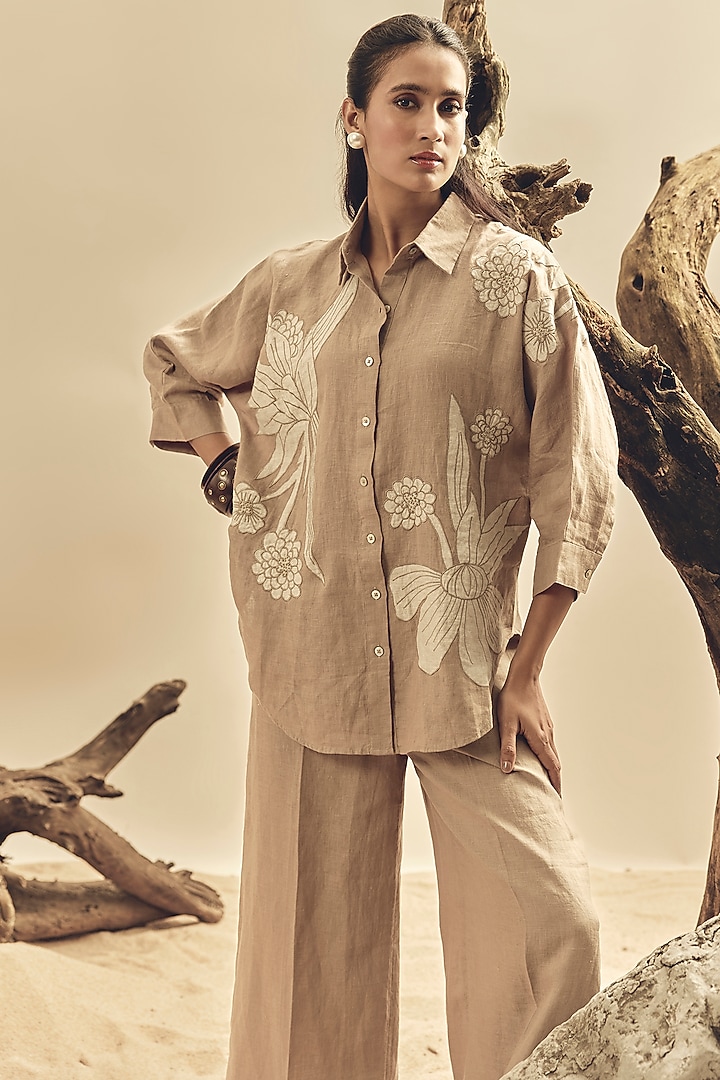 Khaki Linen Floral Embroidered Shirt by Linen Bloom at Pernia's Pop Up Shop