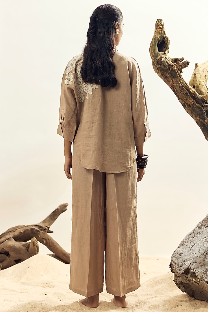 Khaki Linen Floral Embroidered Shirt by Linen Bloom at Pernia's Pop Up Shop