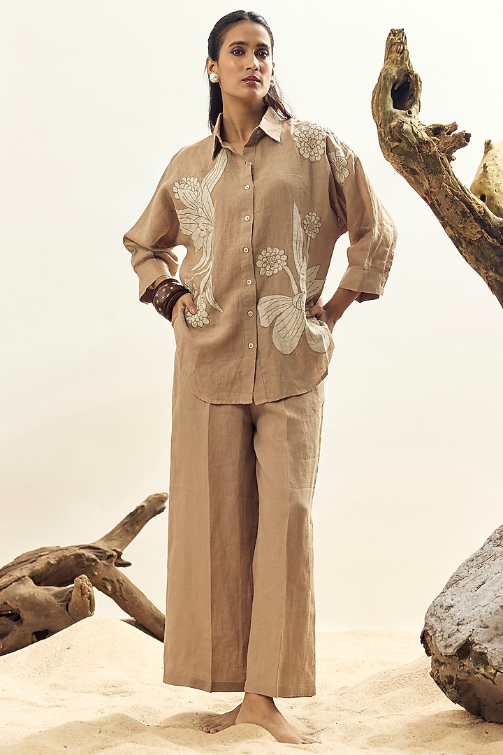 Khaki Linen Floral Embroidered Shirt by Linen Bloom at Pernia's Pop Up Shop