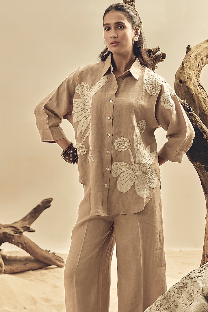 Khaki Linen Floral Embroidered Shirt by Linen Bloom at Pernia's Pop Up Shop