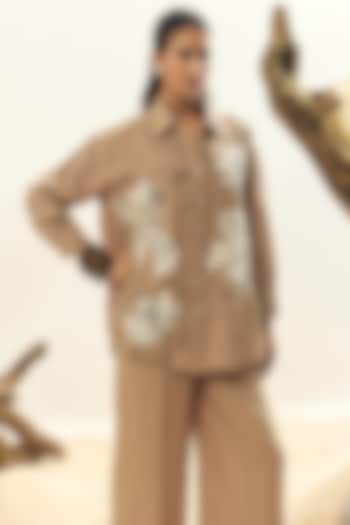 Khaki Linen Embroidered Shirt by Linen Bloom at Pernia's Pop Up Shop