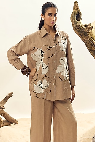 Khaki Linen Embroidered Shirt by Linen Bloom