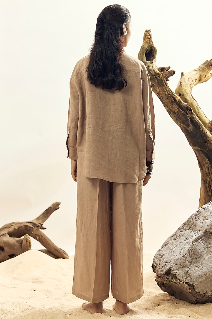 Khaki Linen Embroidered Shirt by Linen Bloom at Pernia's Pop Up Shop