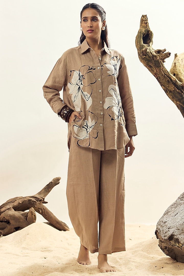 Khaki Linen Embroidered Shirt by Linen Bloom at Pernia's Pop Up Shop