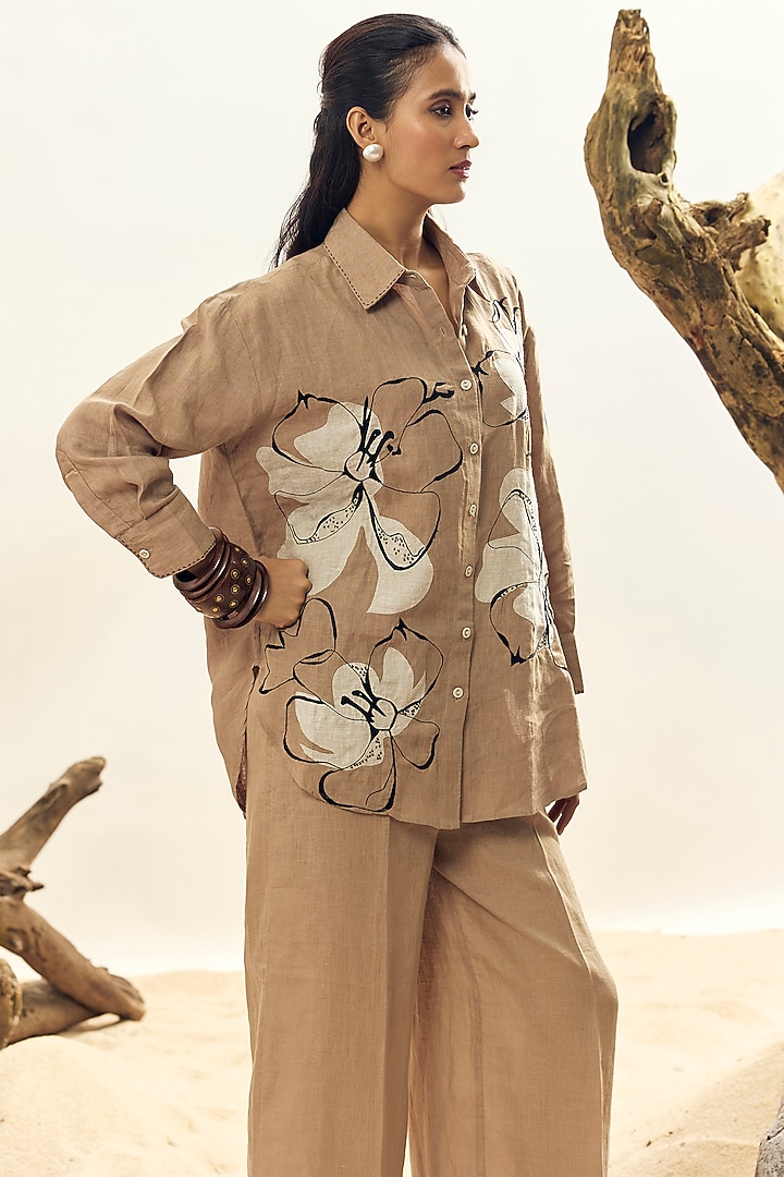 Khaki Linen Embroidered Shirt by Linen Bloom at Pernia's Pop Up Shop