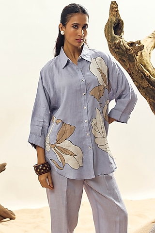 Cool Blue Linen Embroidered Shirt by Linen Bloom