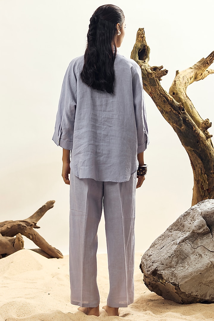 Cool Blue Linen Embroidered Shirt by Linen Bloom at Pernia's Pop Up Shop