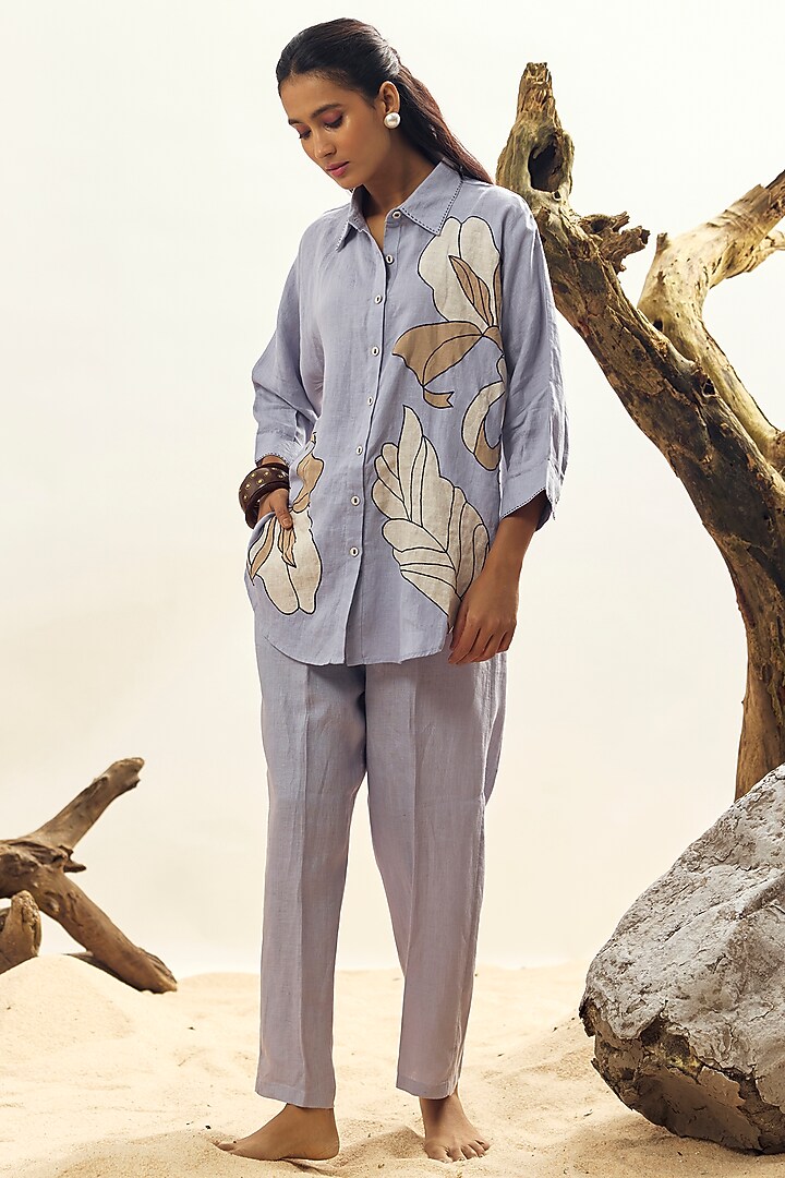 Cool Blue Linen Embroidered Shirt by Linen Bloom at Pernia's Pop Up Shop