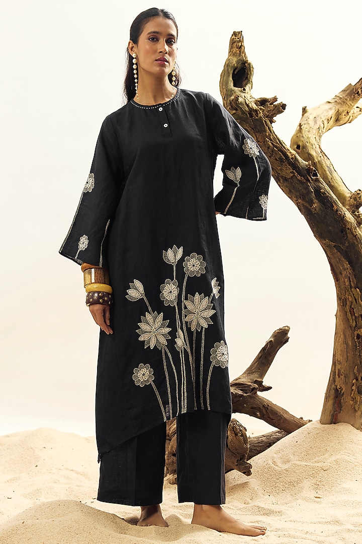 Black Linen Embroidered Tunic Set by Linen Bloom at Pernia's Pop Up Shop