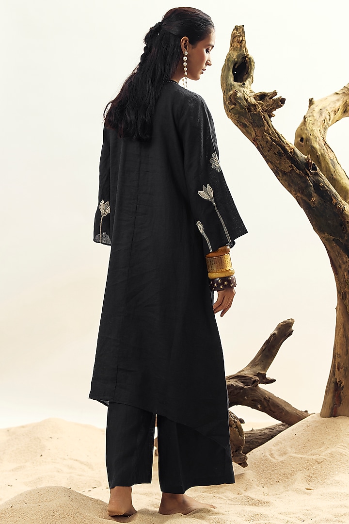 Black Linen Embroidered Tunic Set by Linen Bloom at Pernia's Pop Up Shop