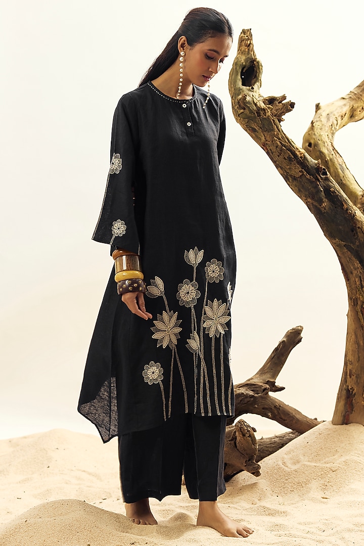 Black Linen Embroidered Tunic Set by Linen Bloom at Pernia's Pop Up Shop