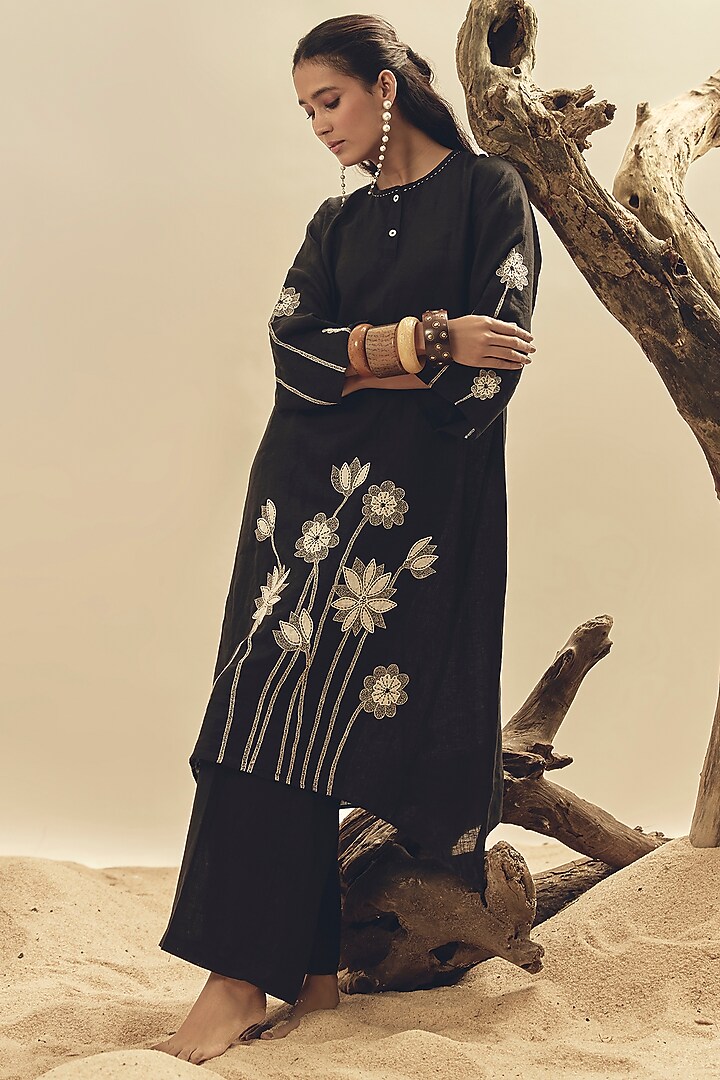 Black Linen Embroidered Tunic Set by Linen Bloom at Pernia's Pop Up Shop