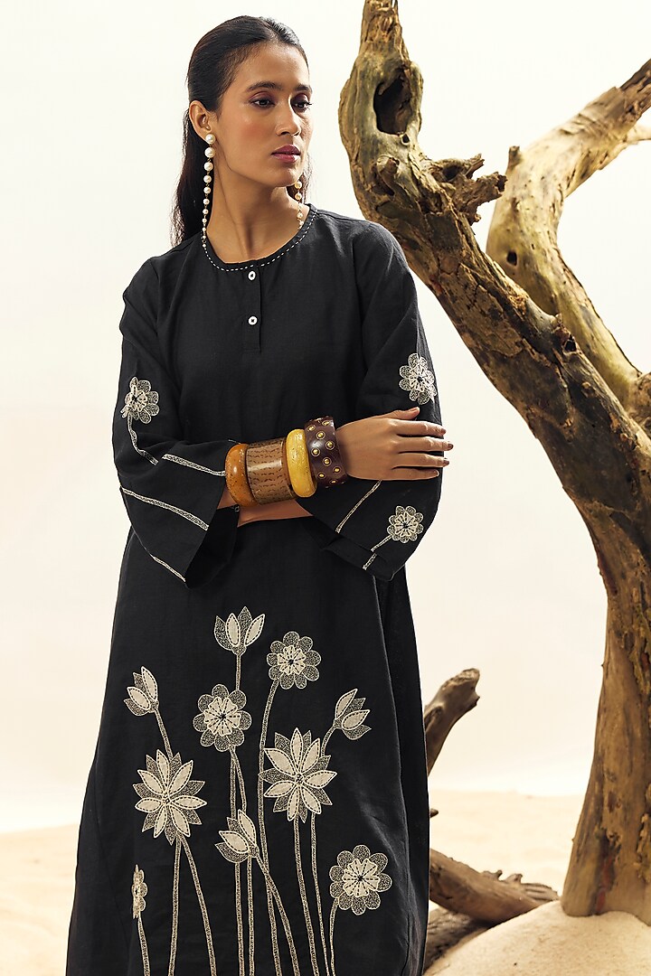 Black Linen Embroidered Tunic Set by Linen Bloom at Pernia's Pop Up Shop
