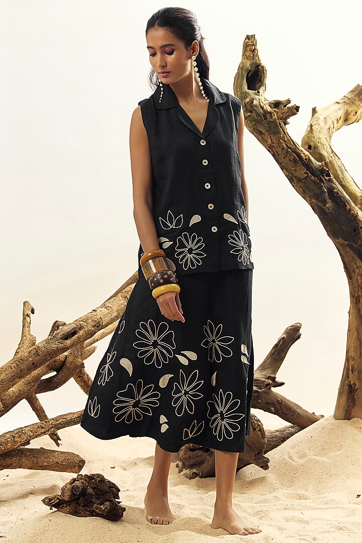 Black Linen Embroidered Skirt Set by Linen Bloom at Pernia's Pop Up Shop