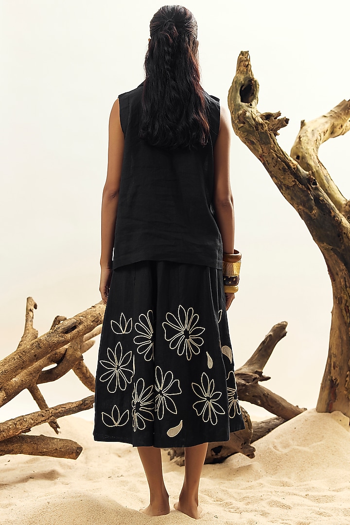 Black Linen Embroidered Skirt Set by Linen Bloom at Pernia's Pop Up Shop