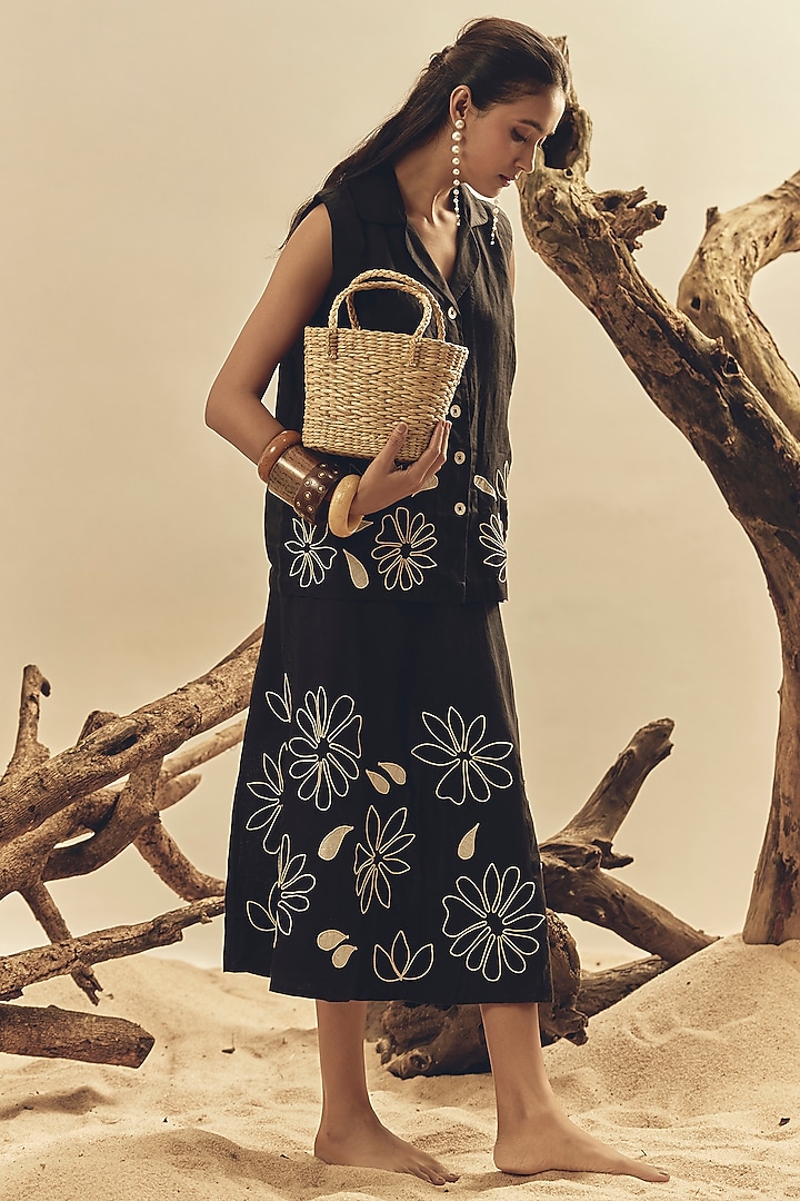 Black Linen Embroidered Skirt Set by Linen Bloom at Pernia's Pop Up Shop