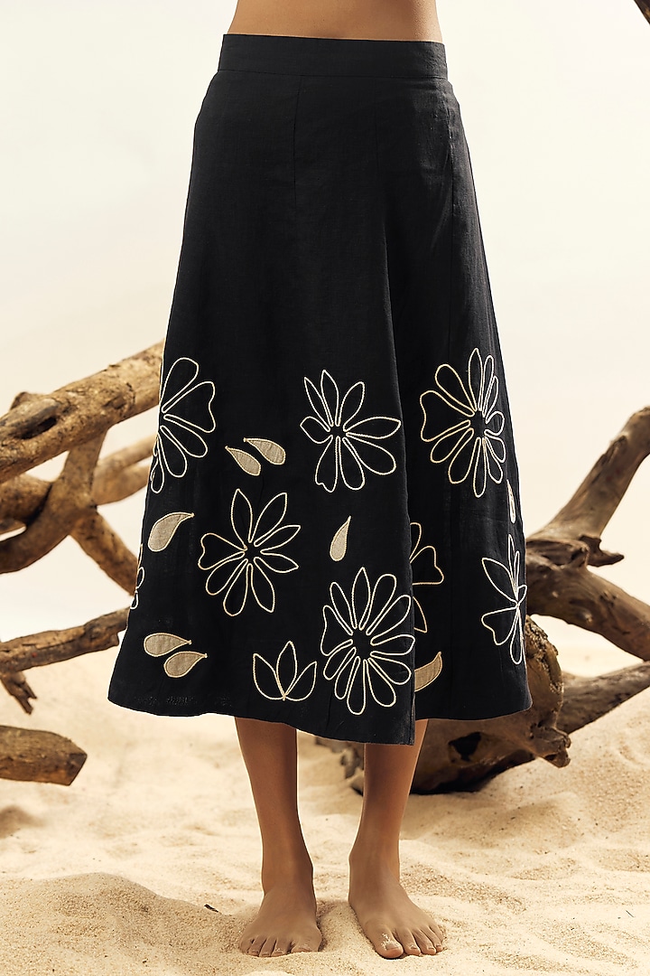 Black Linen Embroidered Skirt Set by Linen Bloom at Pernia's Pop Up Shop
