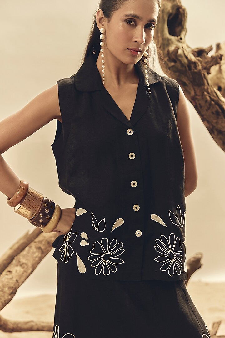 Black Linen Embroidered Skirt Set by Linen Bloom at Pernia's Pop Up Shop