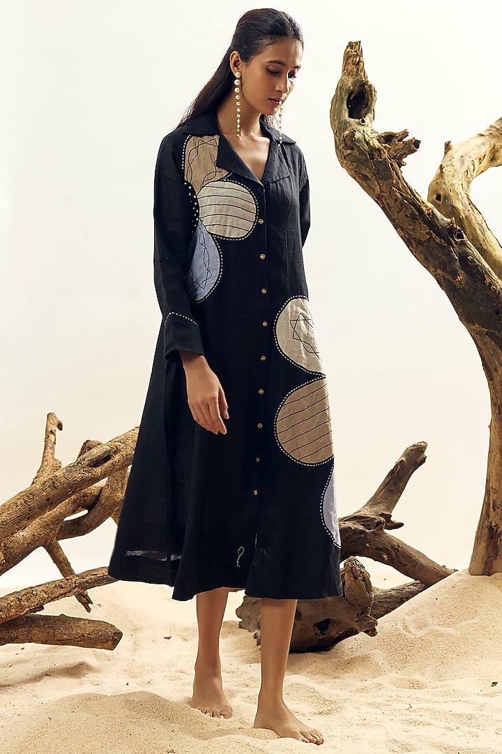 Black Linen Floral Embroidered Vacation Dress by Linen Bloom at Pernia's Pop Up Shop